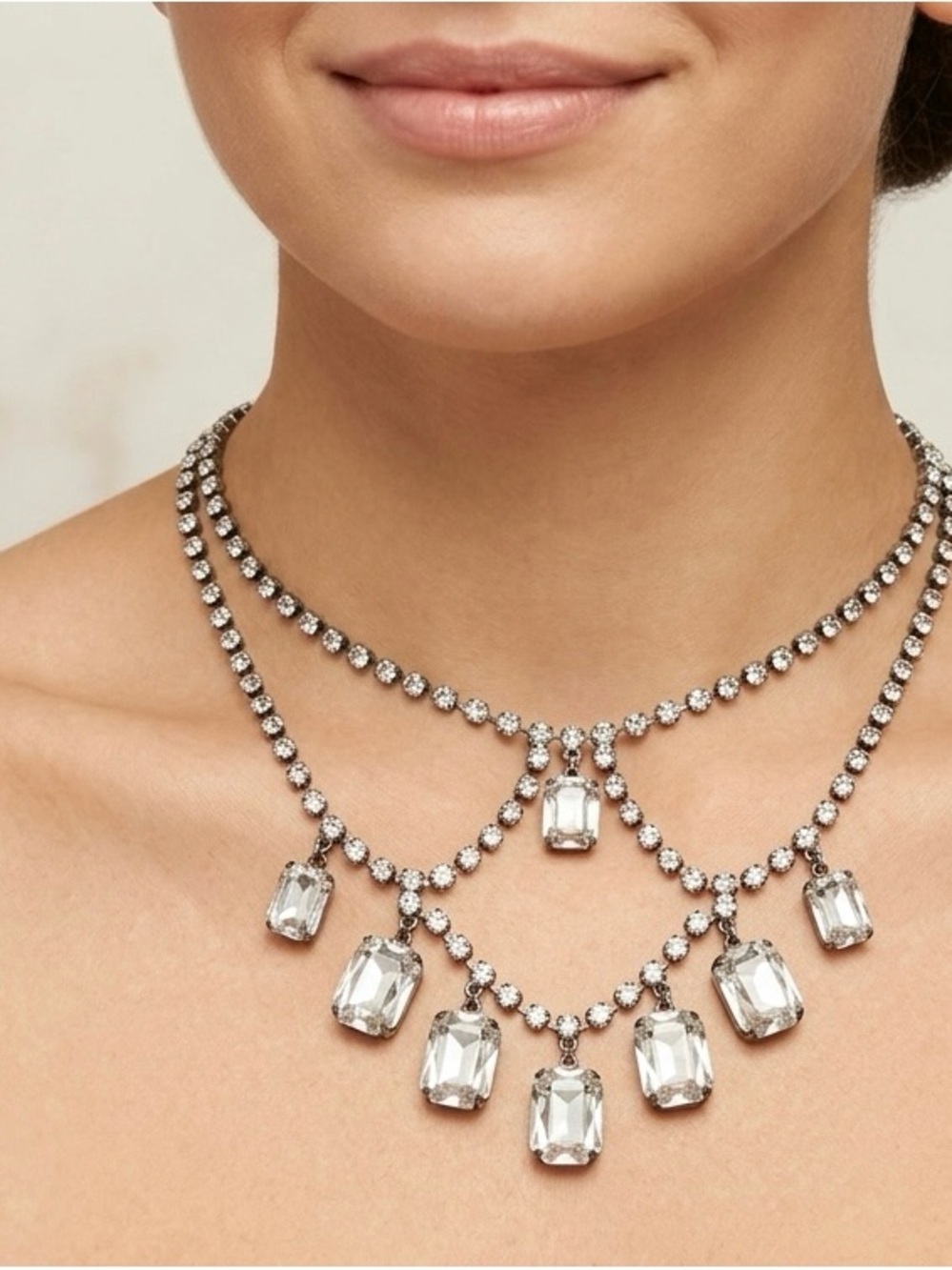 Layered Crystal Drop Necklace in Silver Tone - Picture 1 of 2